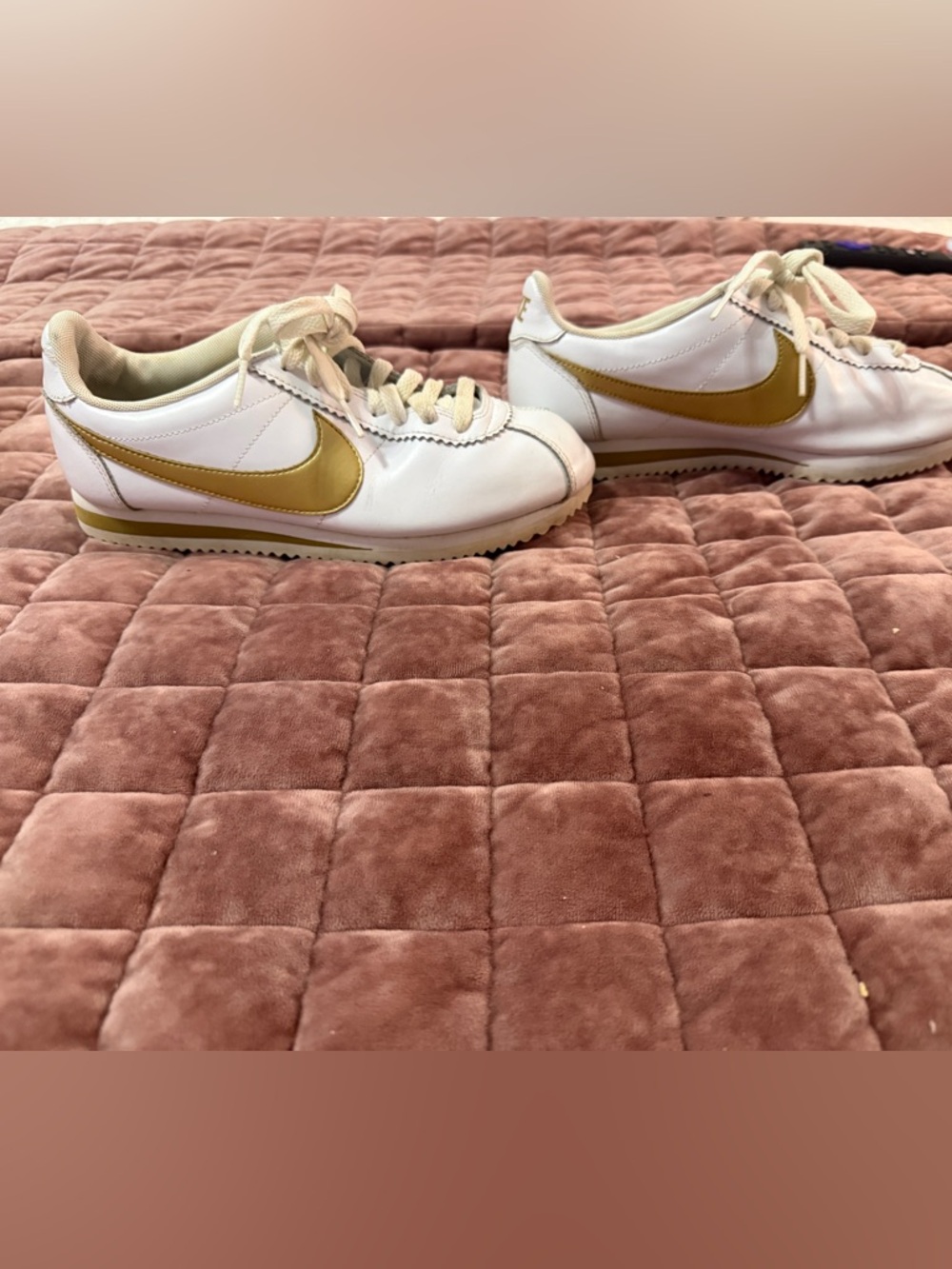 Nike Cortez White Leather Sneakers with Gold Swoosh